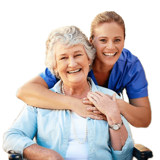 elderly woman sitting with her caregiver