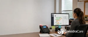 Home-care scheduler reviews a shift-management dashboard with route map, colour-coded shift blocks and warning indicators in a wide office scene.