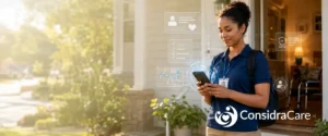 Caregiver checks a mobile app before entering a senior’s home, with digital overlays for care plan, route, checklist, credentials and supervisor check-in.