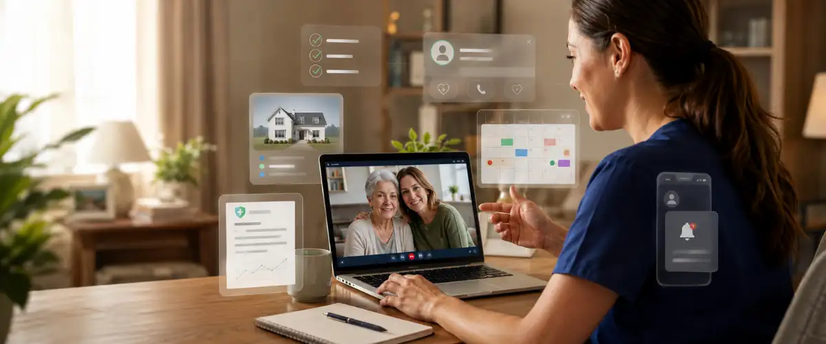 Nurse conducts a virtual home-care assessment on a laptop with an older adult and adult child, surrounded by digital care-plan and scheduling overlays.