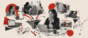 Collage-style banner showing a home care agency owner reviewing lead sources and care inquiries, with caregiver visits, referral partners, a VoIP phone, local search markers and a leaking funnel symbolizing acquisition cost leakage.