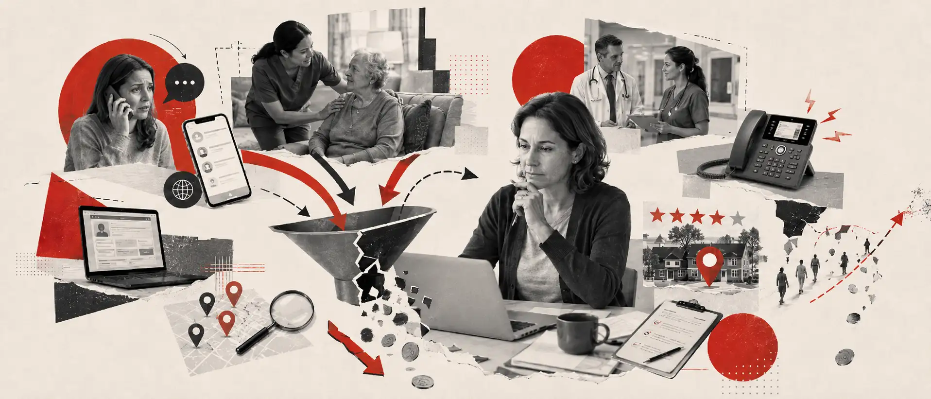 Collage-style banner showing a home care agency owner reviewing lead sources and care inquiries, with caregiver visits, referral partners, a VoIP phone, local search markers and a leaking funnel symbolizing acquisition cost leakage.