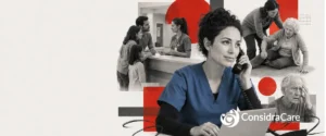 Editorial-style banner showing a home care intake coordinator answering a phone beside a laptop, with background scenes of a family speaking to a discharge nurse, a woman helping a fallen parent and a confused older adult, illustrating urgent home care inquiries and the need for fast response.