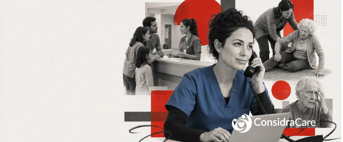 Editorial-style banner showing a home care intake coordinator answering a phone beside a laptop, with background scenes of a family speaking to a discharge nurse, a woman helping a fallen parent and a confused older adult, illustrating urgent home care inquiries and the need for fast response.