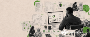 Collage-style banner showing a diverse male home care agency owner reviewing pricing and payment data on a laptop, with care scenes, invoices, payment options, maps, coins, charts and a cracked funnel illustrating pricing leakage in home care operations.